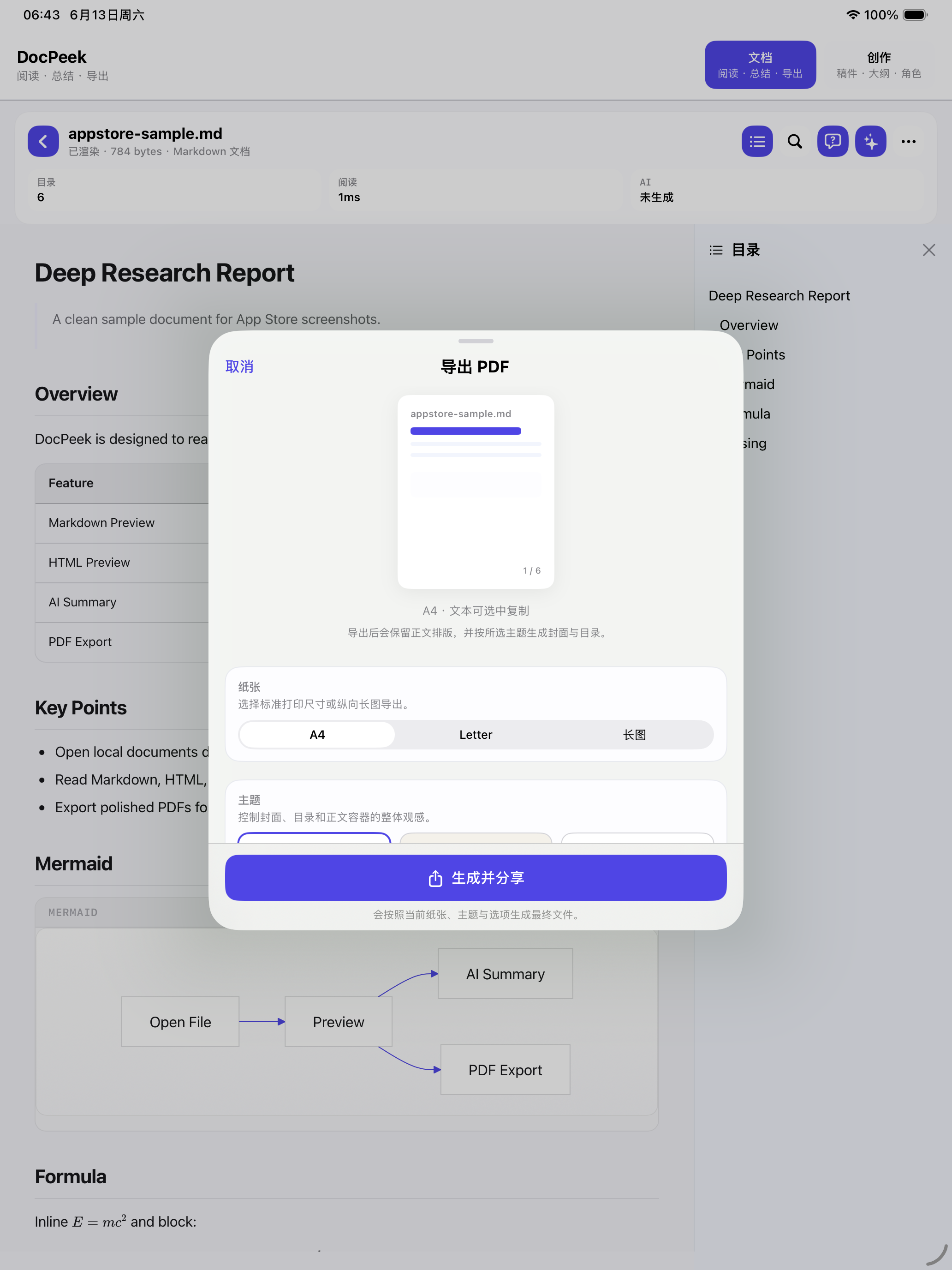 DocPeek iPad PDF 导出界面