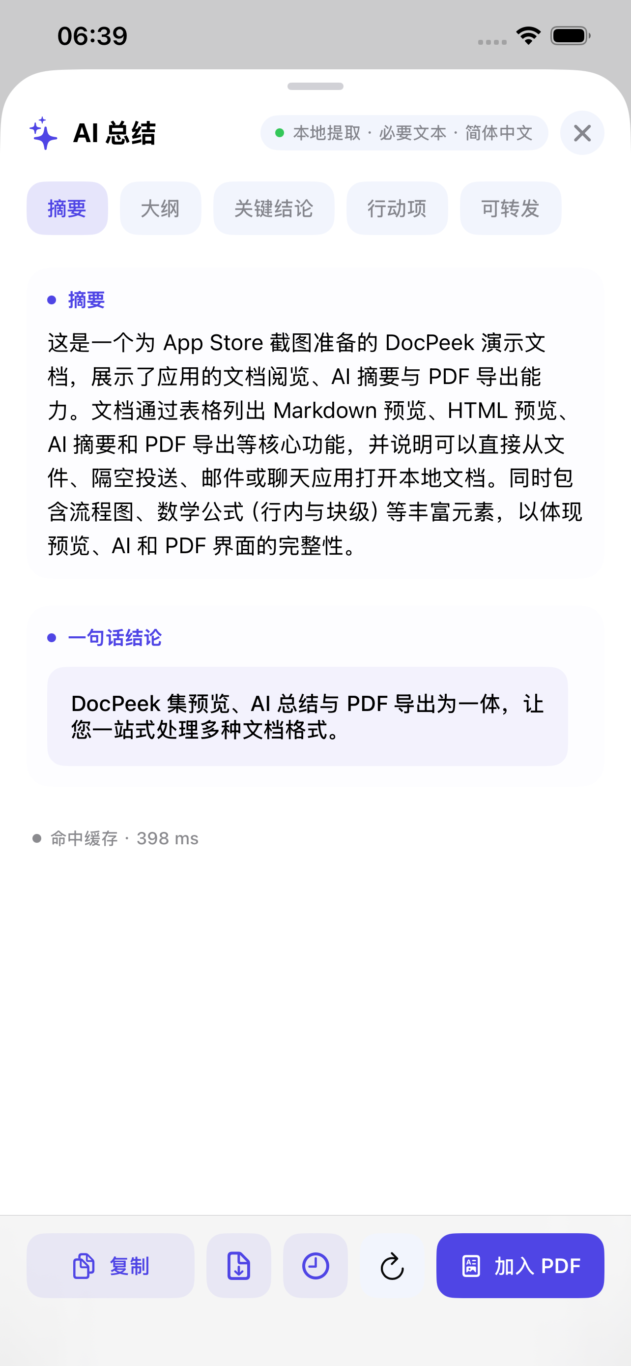 DocPeek iPhone AI 总结界面